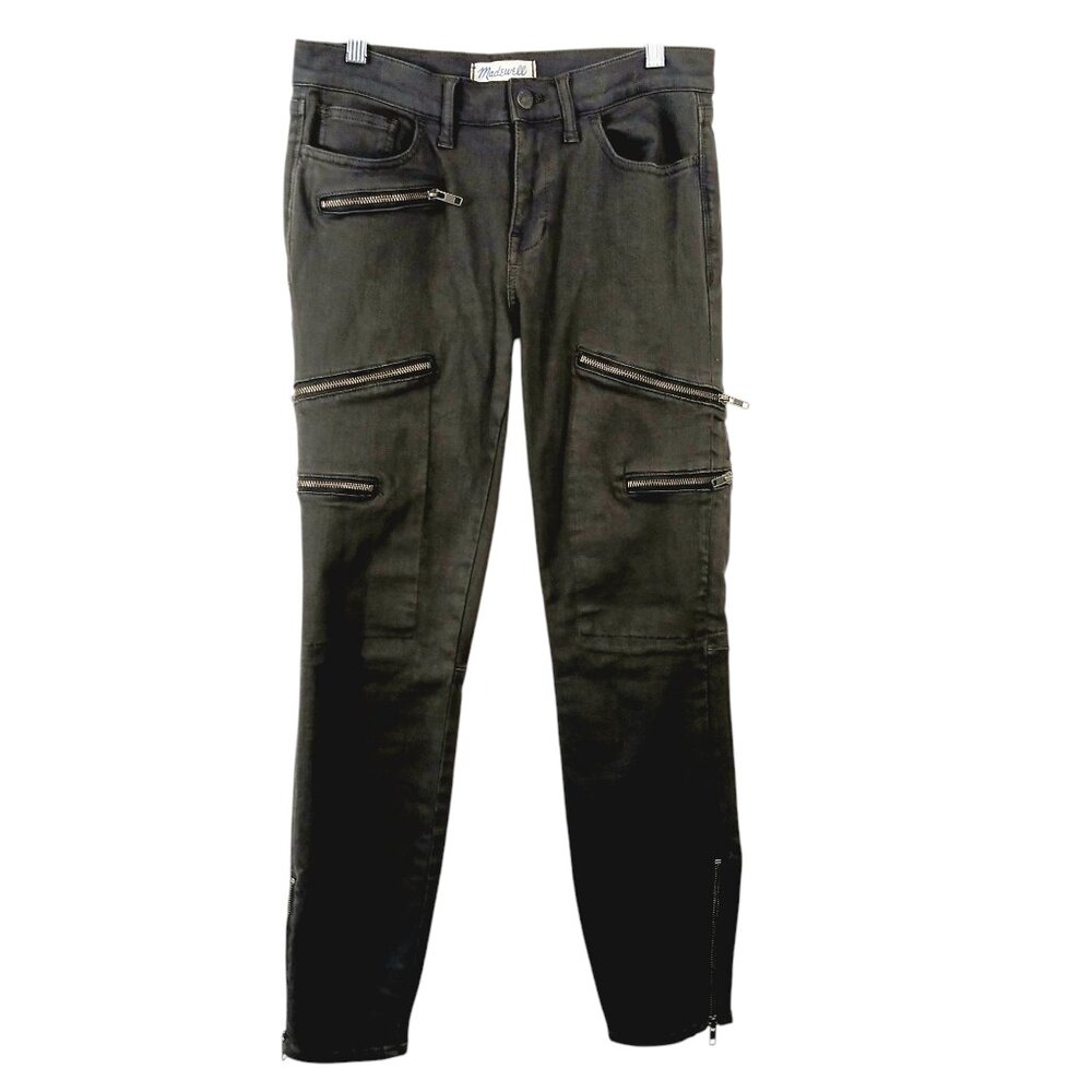 Madewell Skinny Skinny Moto Zipper Jeans Dark Khaki Size 28 Grunge Goth Utility